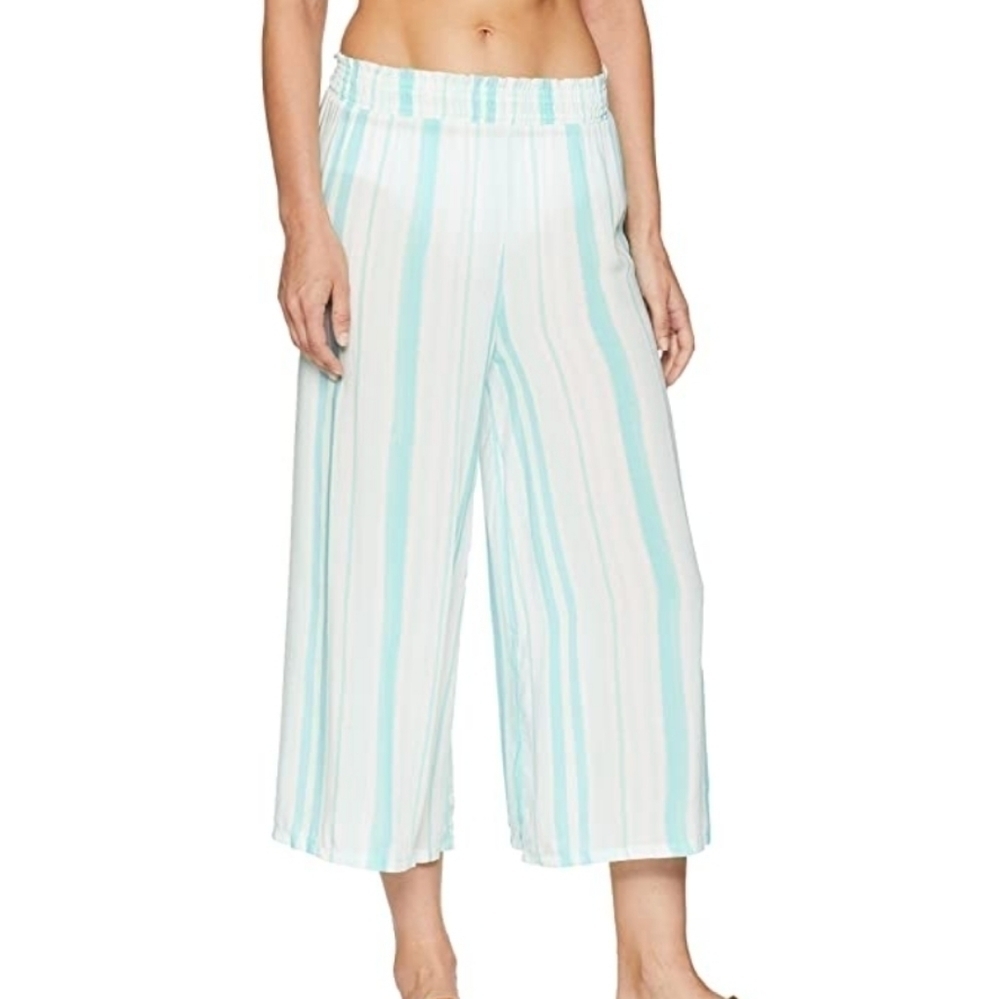 Eberjey Stripe Wide-Leg Swim Coverup Pants in White and Aqua